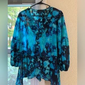 Black Label by Chico's Teal and Black Ruffle Blouse